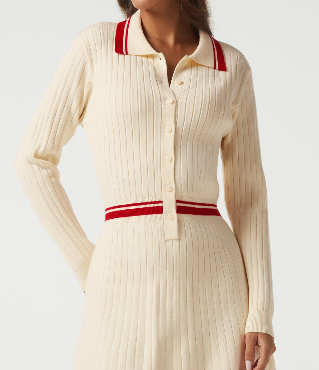 Polo Long Sleeve Pleated Color Block Bodycon Casual Mini Sweater Dress — Buttercream — view 4
