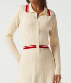Polo Long Sleeve Pleated Color Block Bodycon Casual Mini Sweater Dress — Buttercream — view 4