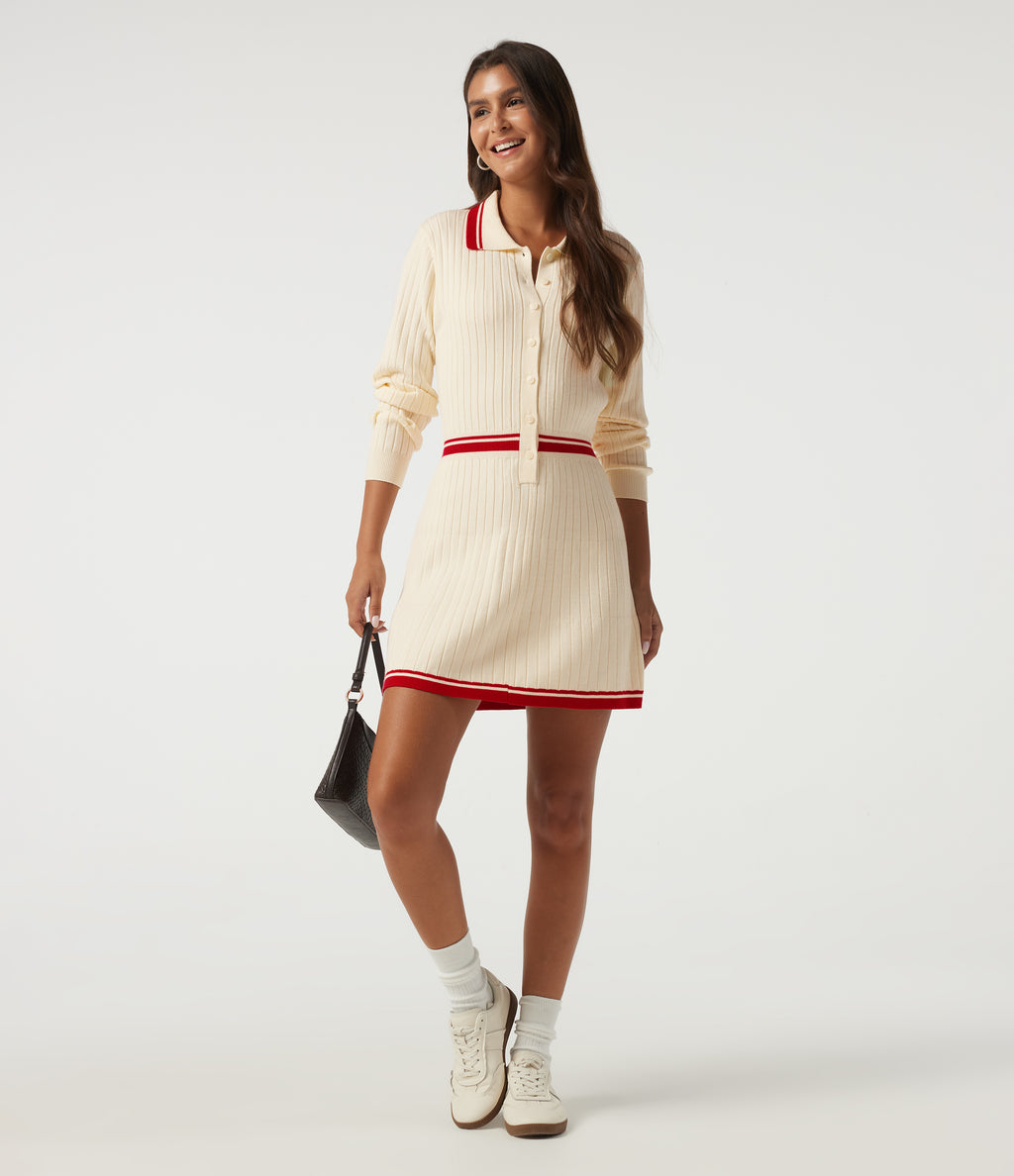 Polo Long Sleeve Pleated Color Block Bodycon Casual Mini Sweater Dress — Buttercream — view 7