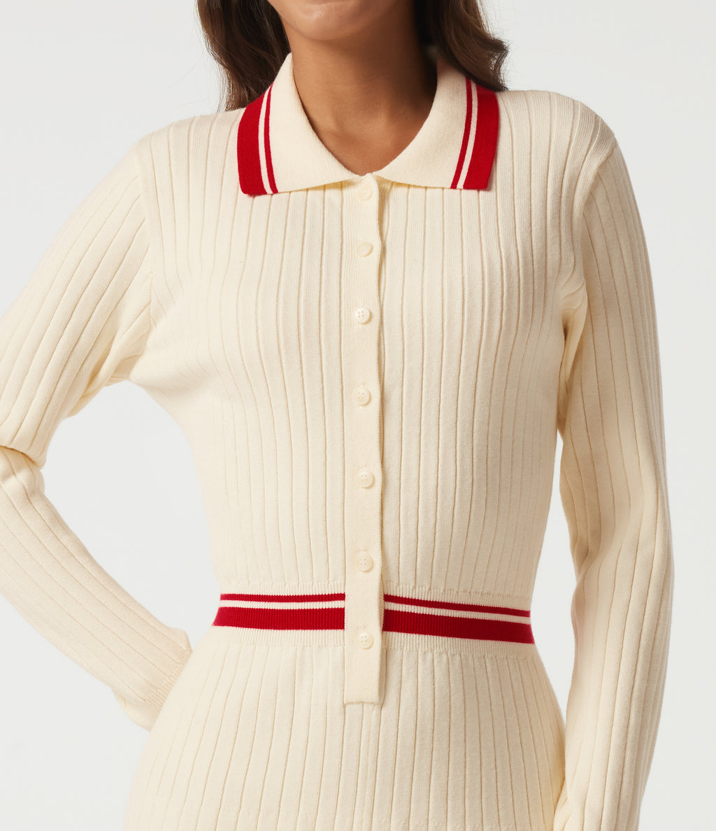 Polo Long Sleeve Pleated Color Block Bodycon Casual Mini Sweater Dress — Buttercream — view 5
