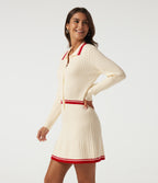 Polo Long Sleeve Pleated Color Block Bodycon Casual Mini Sweater Dress — Buttercream — view 3