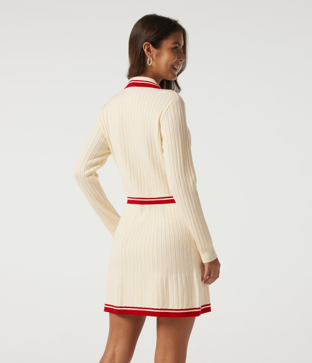 Polo Long Sleeve Pleated Color Block Bodycon Casual Mini Sweater Dress — Buttercream — view 2