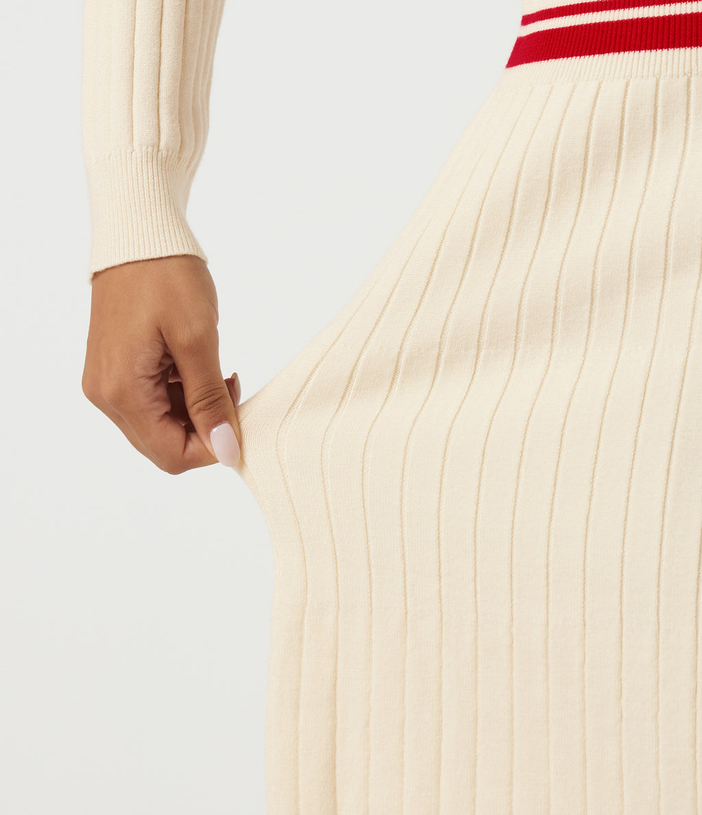 Polo Long Sleeve Pleated Color Block Bodycon Casual Mini Sweater Dress — Buttercream — view 6