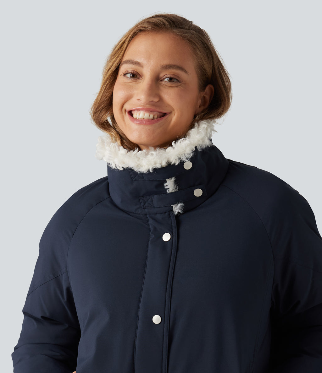 Collared Long Sleeve Casual Padded Jacket with Pockets — Navy — view 5