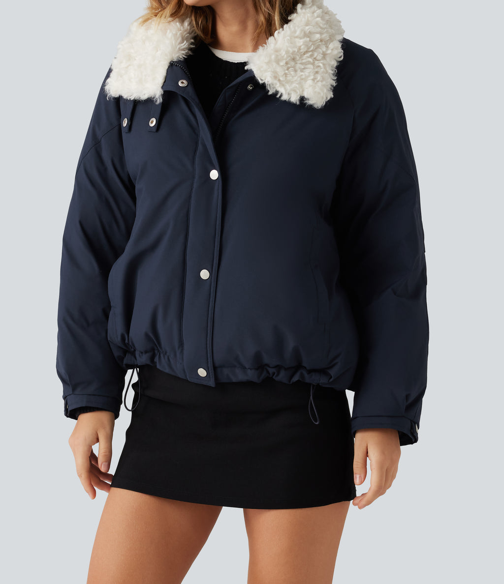 Collared Long Sleeve Casual Padded Jacket with Pockets — Navy — view 6