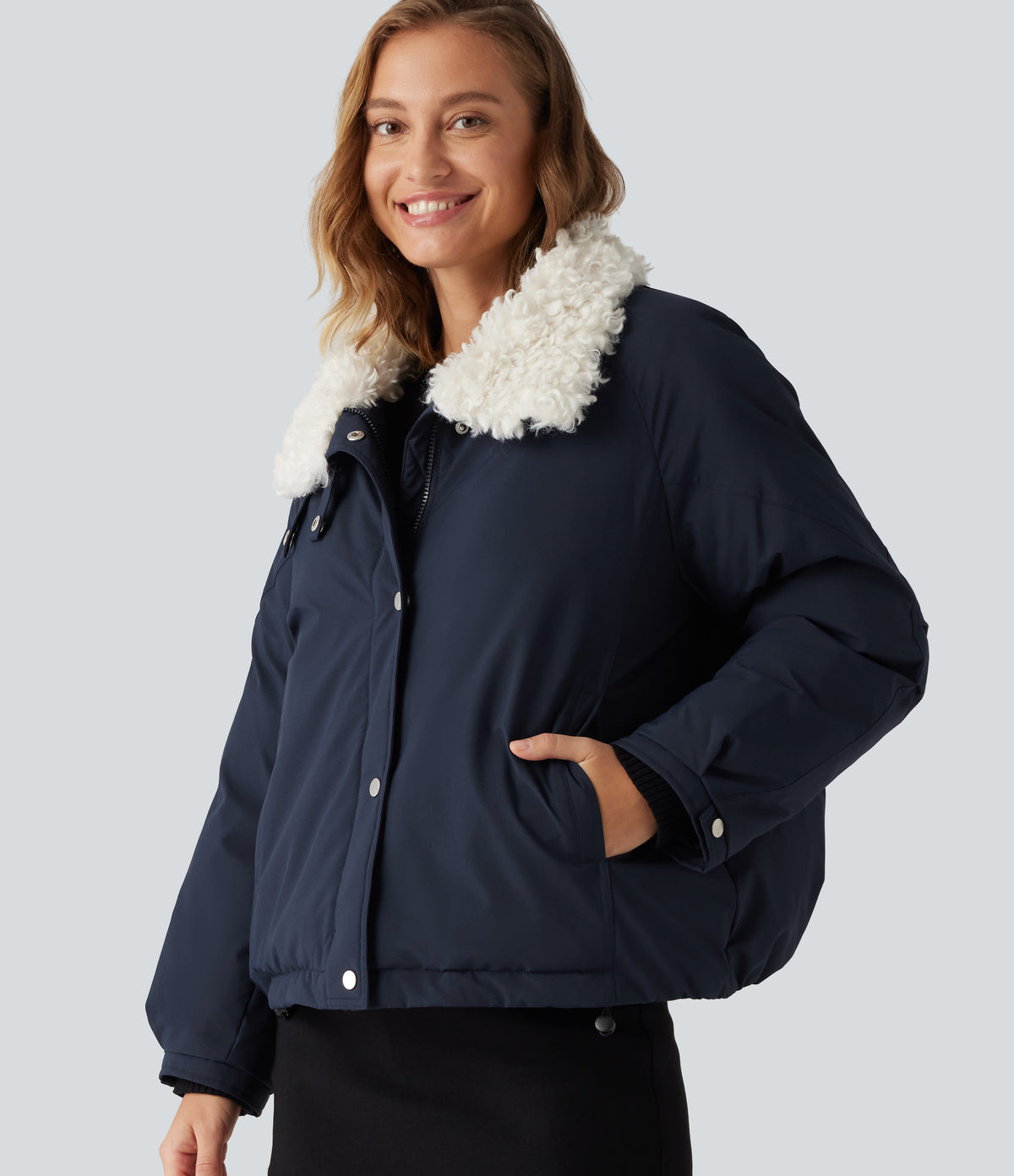 Collared Long Sleeve Casual Padded Jacket with Pockets — Navy — view 4