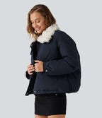 Collared Long Sleeve Casual Padded Jacket with Pockets — Navy — view 3