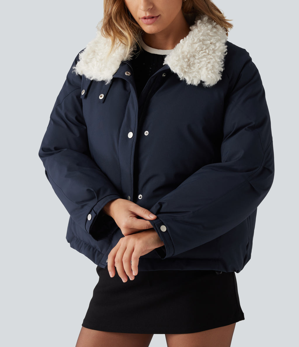 Collared Long Sleeve Casual Padded Jacket with Pockets — Navy — view 7