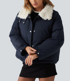 Collared Long Sleeve Casual Padded Jacket with Pockets — Navy — view 7