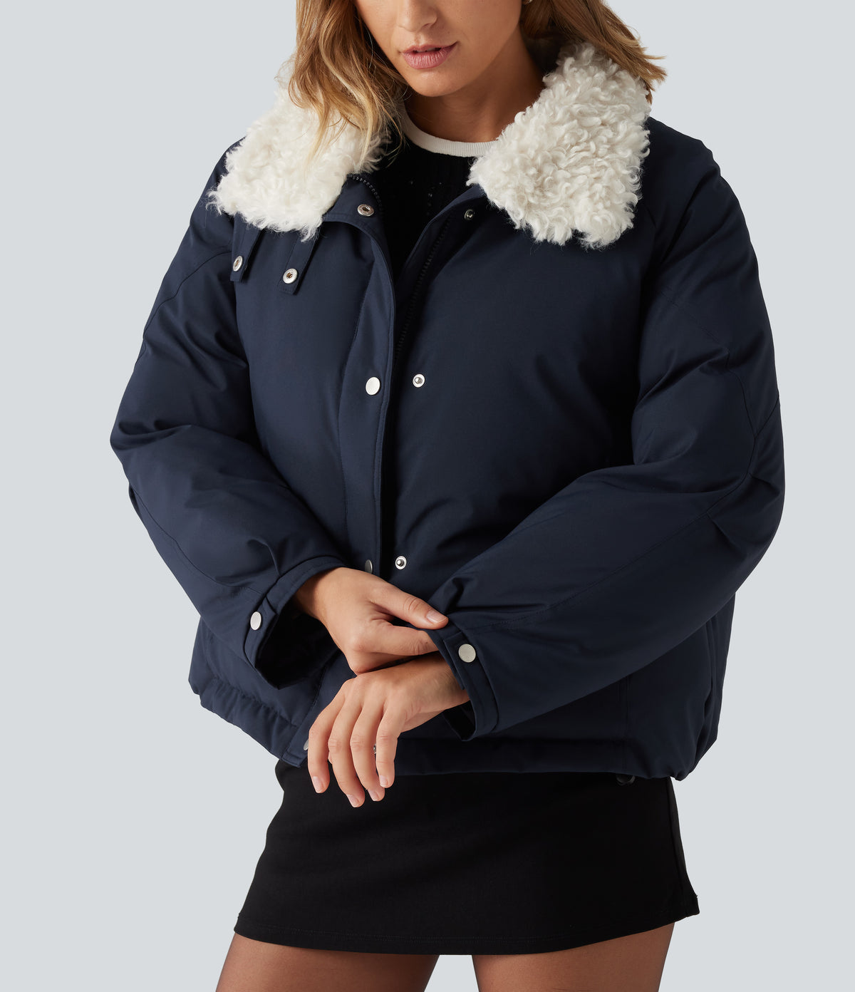 Collared Long Sleeve Casual Padded Jacket with Pockets — Navy — view 7