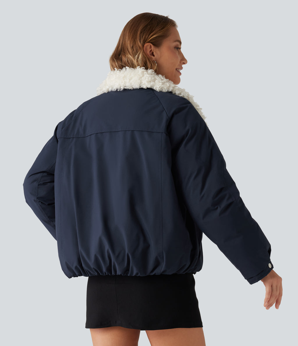 Collared Long Sleeve Casual Padded Jacket with Pockets — Navy — view 2