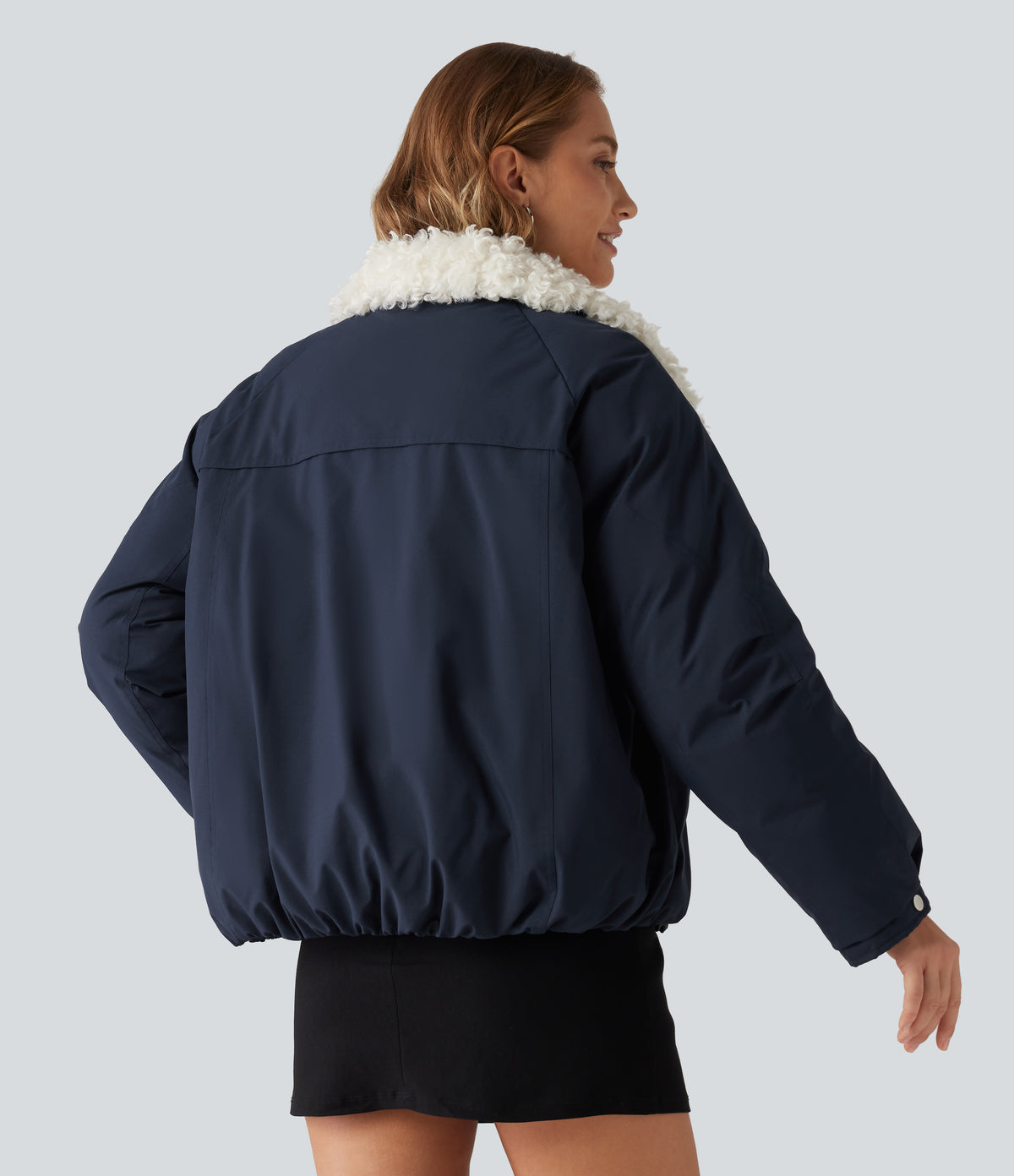 Collared Long Sleeve Casual Padded Jacket with Pockets — Navy — view 2