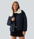Collared Long Sleeve Casual Padded Jacket with Pockets — Navy — view 1