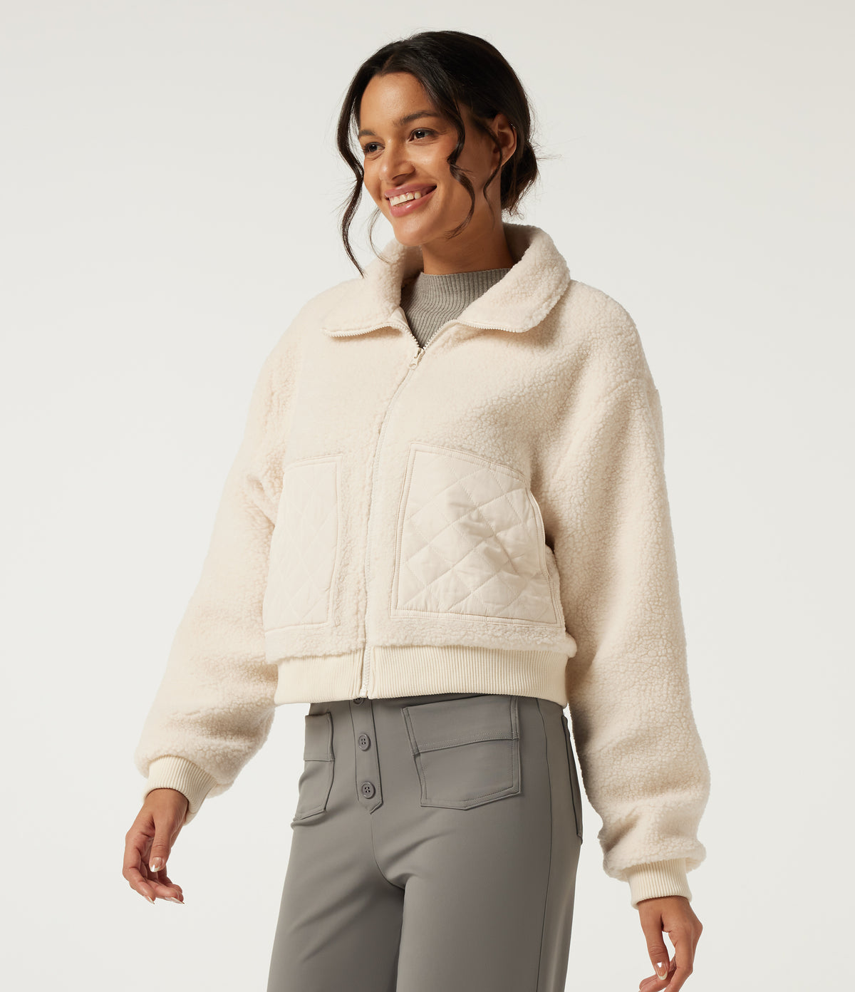 Lapel Long Sleeve Casual Sherpa Jacket with Pockets — Arctic Wolf — view 3