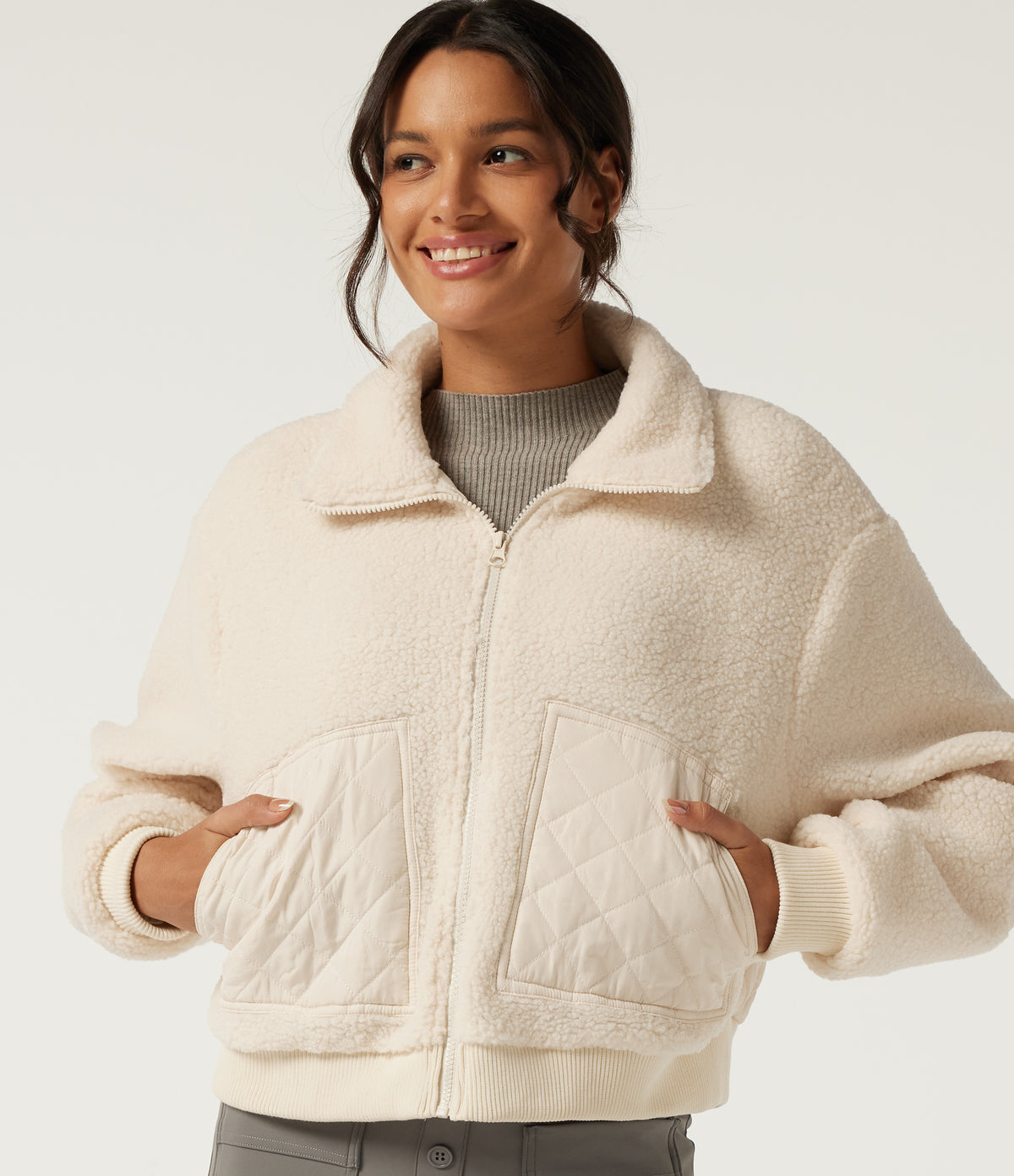 Lapel Long Sleeve Casual Sherpa Jacket with Pockets — Arctic Wolf — view 4