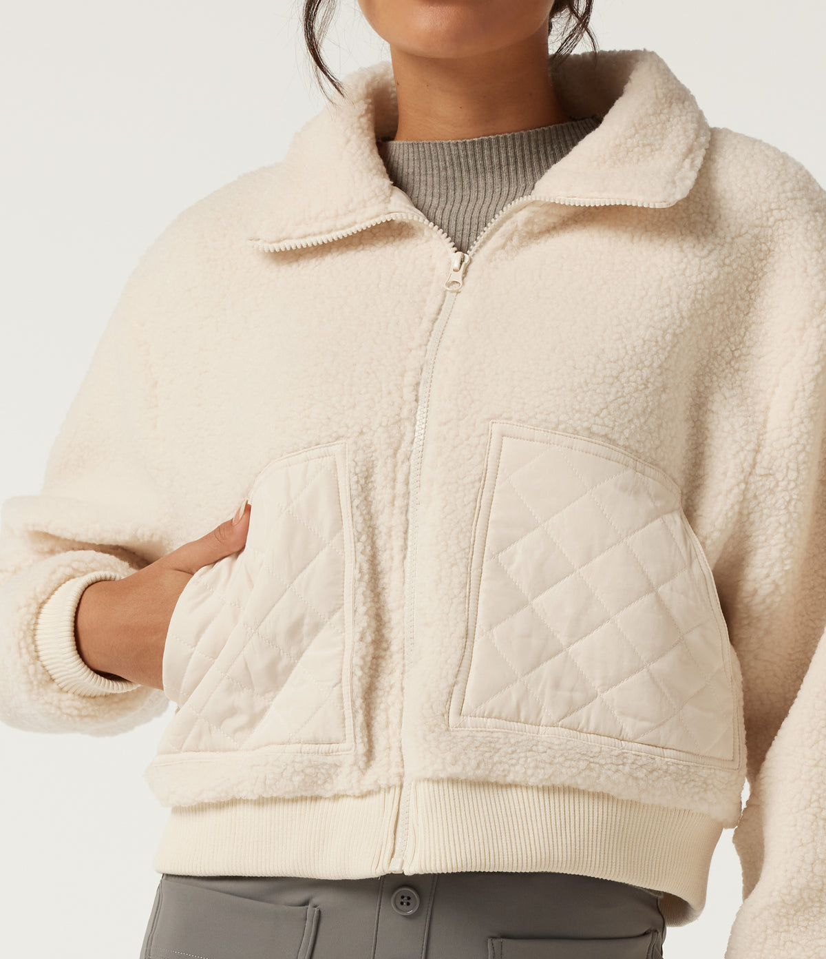 Lapel Long Sleeve Casual Sherpa Jacket with Pockets — Arctic Wolf — view 6