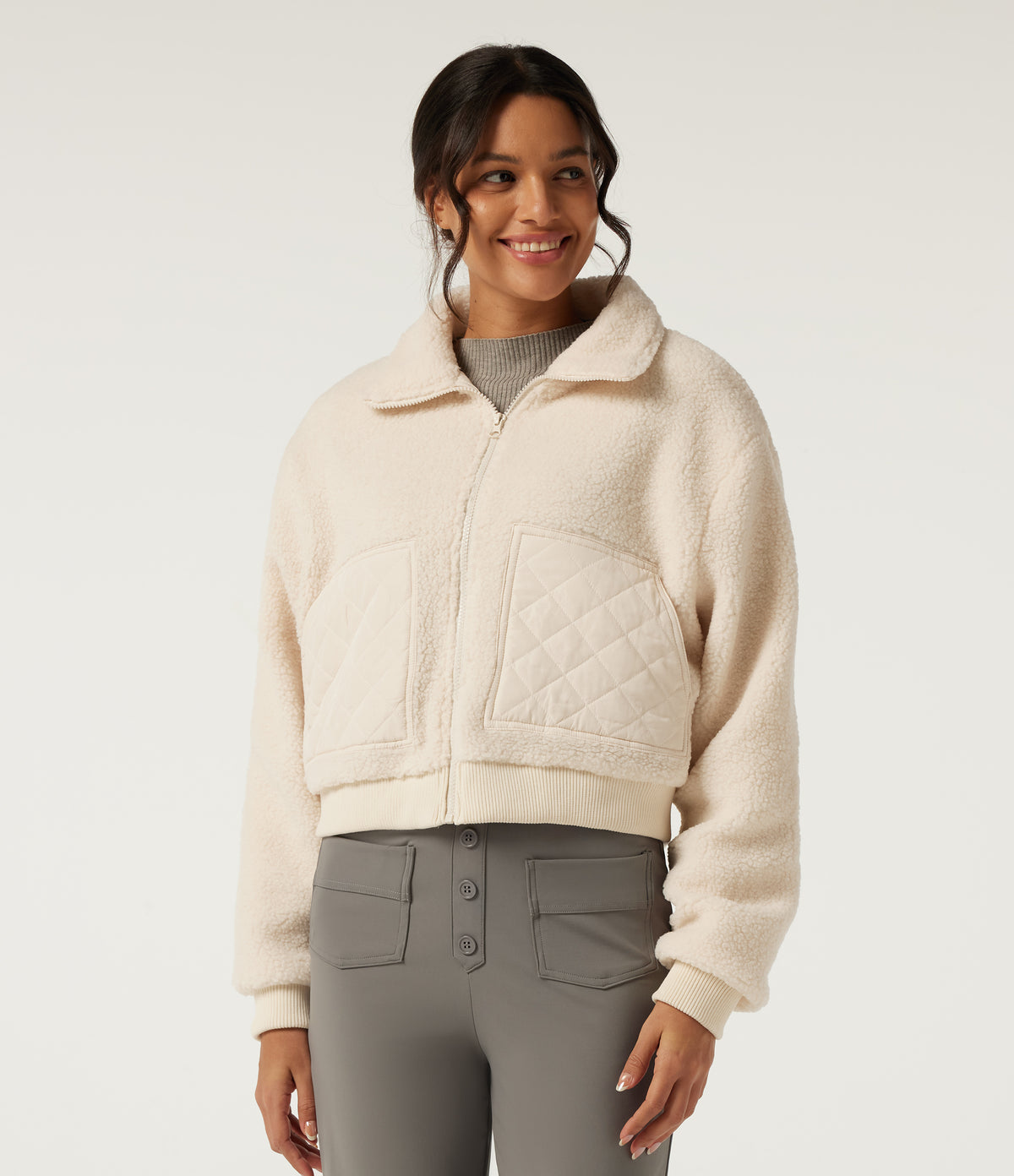 Lapel Long Sleeve Casual Sherpa Jacket with Pockets — Arctic Wolf — view 1