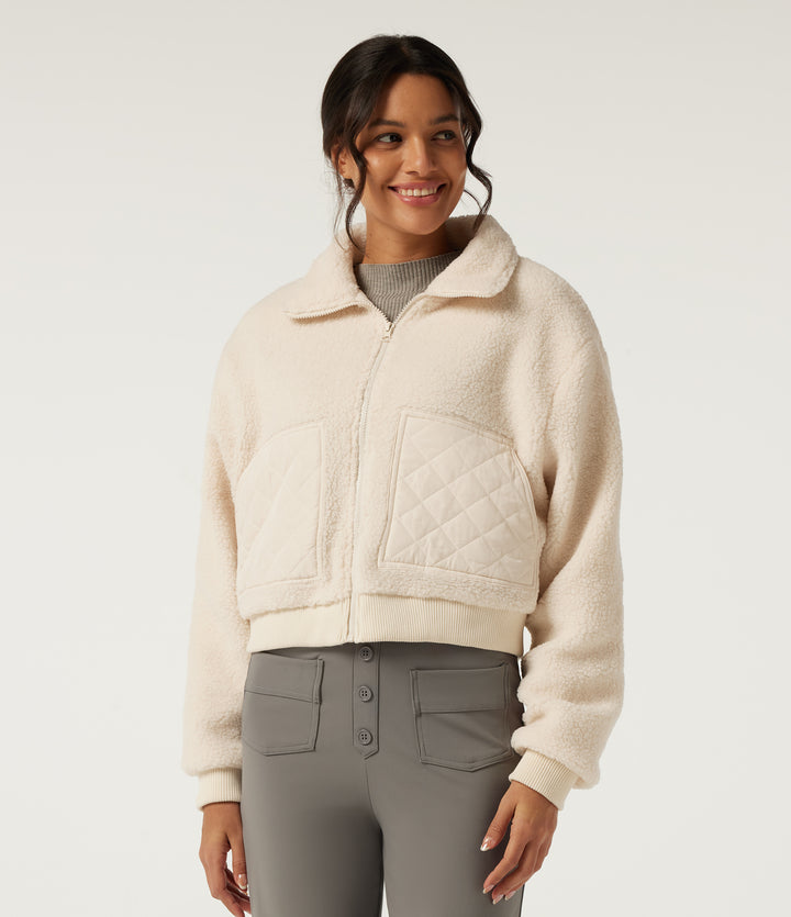 Lapel Long Sleeve Casual Sherpa Jacket with Pockets — Arctic Wolf — view 1