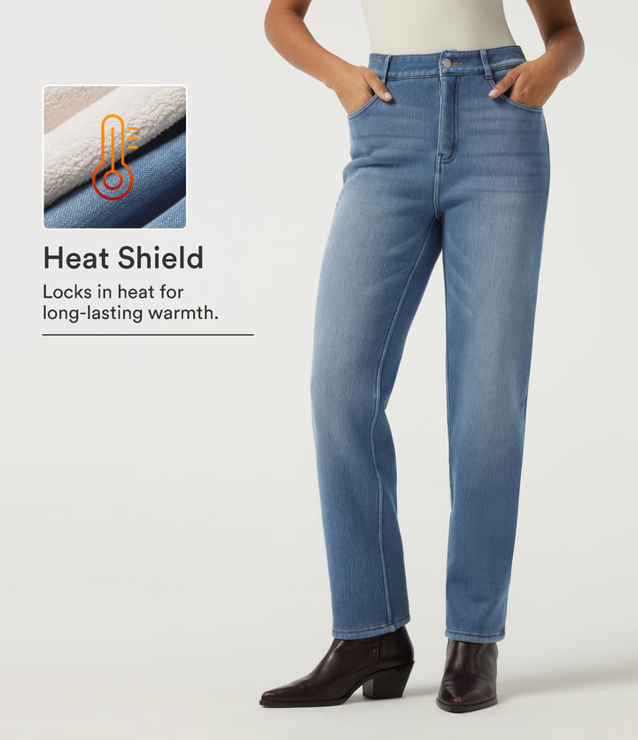 High Waisted Straight Leg Fleece Casual Jeans with Pockets — Blue Jasper Denim — view 1