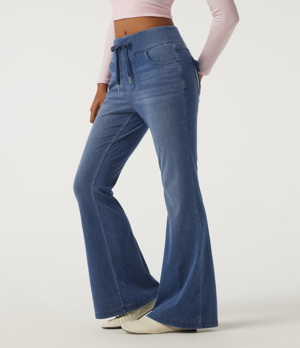 Mid Rise Drawstring Flare Casual Jeans with Pockets — Blue Jasper Denim — view 3