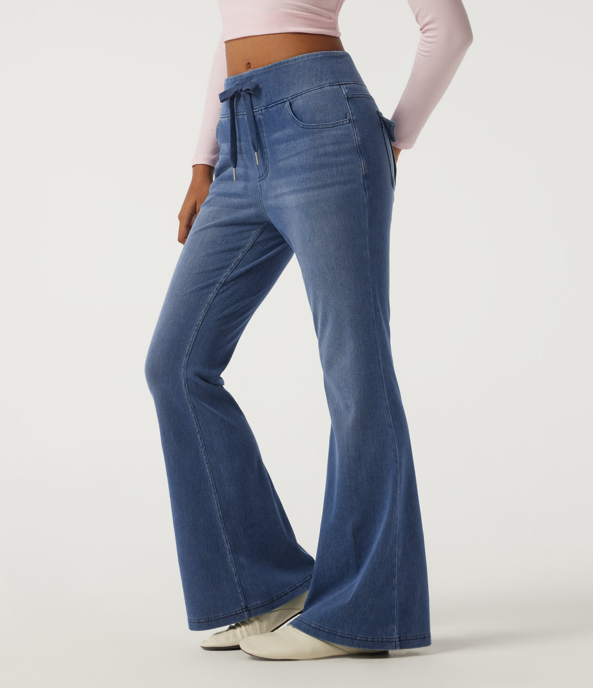 Mid Rise Drawstring Flare Casual Jeans with Pockets — Blue Jasper Denim — view 3