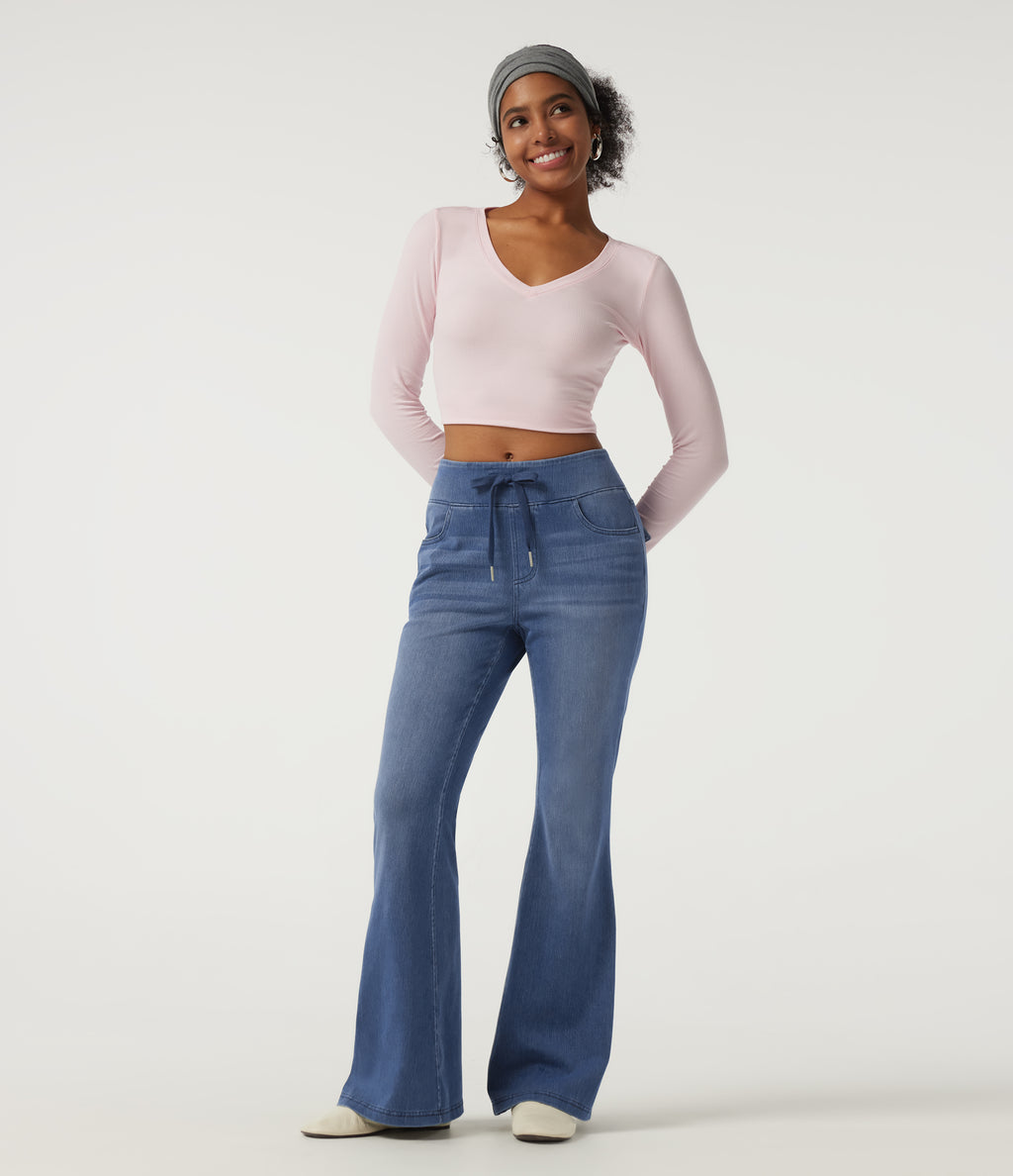Mid Rise Drawstring Flare Casual Jeans with Pockets — Blue Jasper Denim — view 7