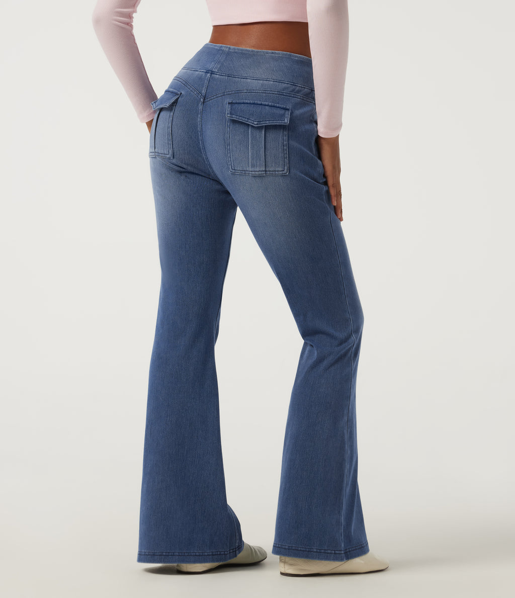 Mid Rise Drawstring Flare Casual Jeans with Pockets — Blue Jasper Denim — view 2