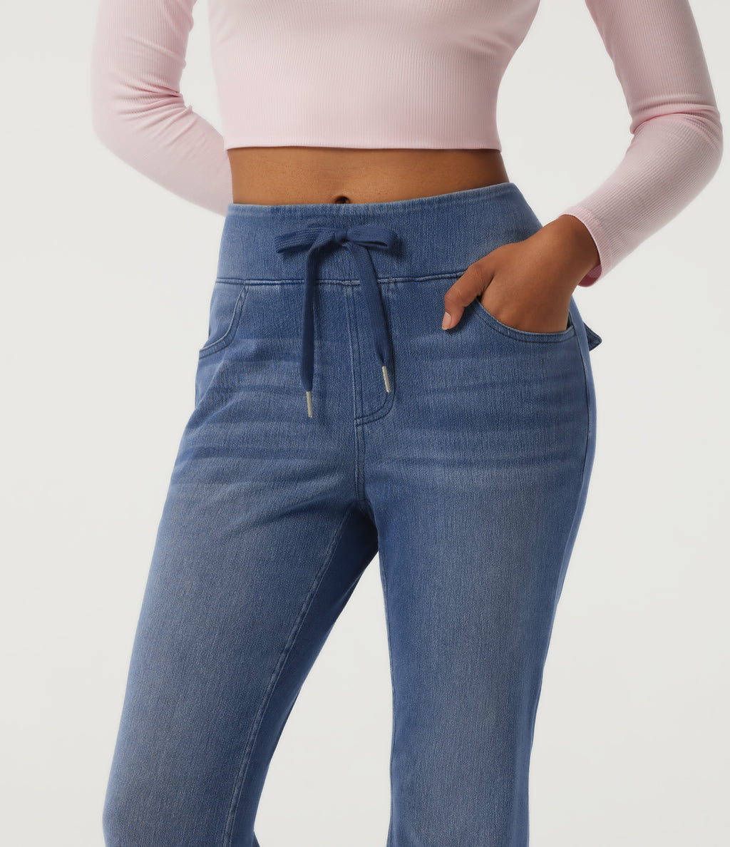 Mid Rise Drawstring Flare Casual Jeans with Pockets — Blue Jasper Denim — view 4