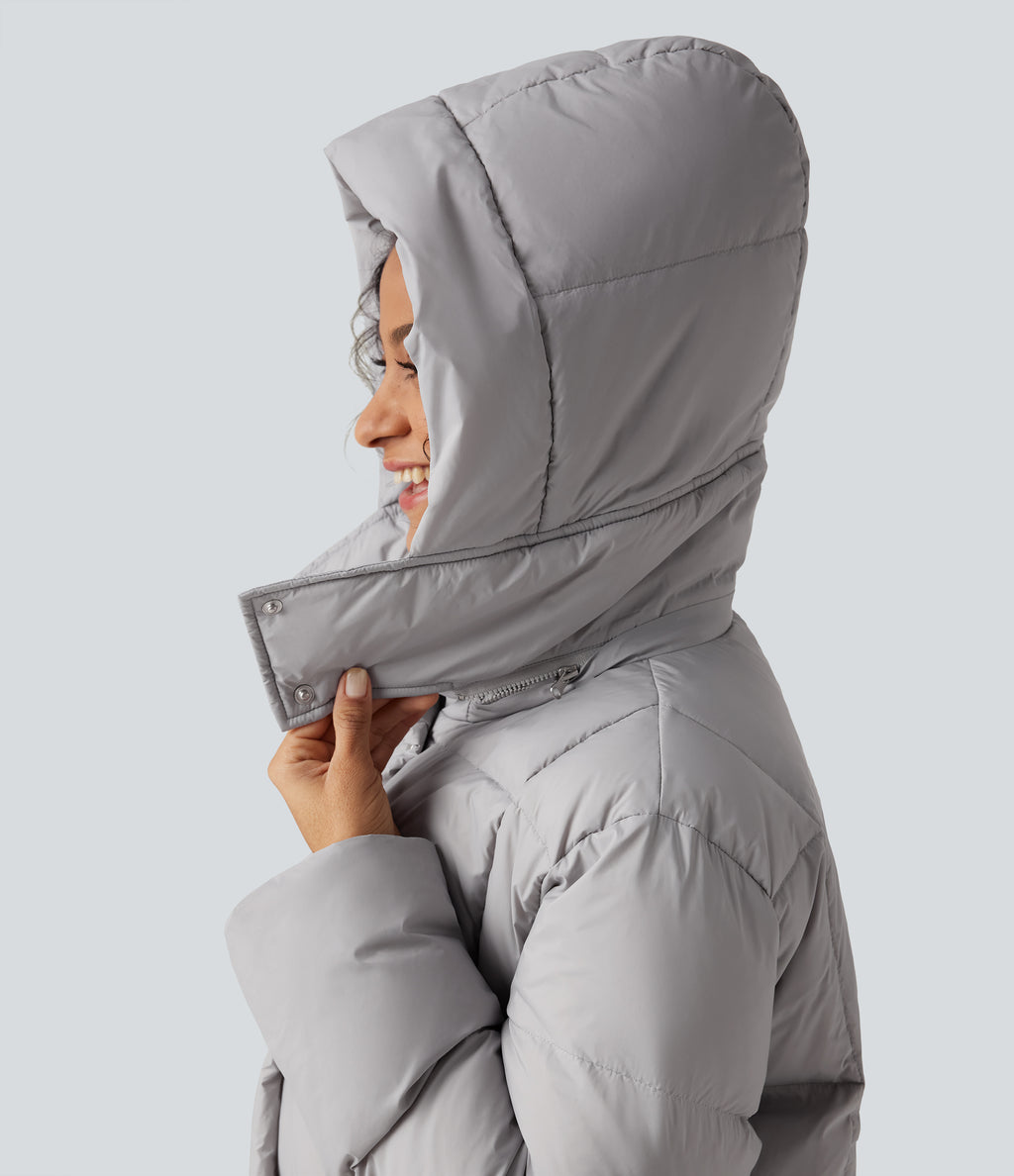 Hooded Long Sleeve Longline Casual Down Jacket with Pockets — Glacier Gray — view 5