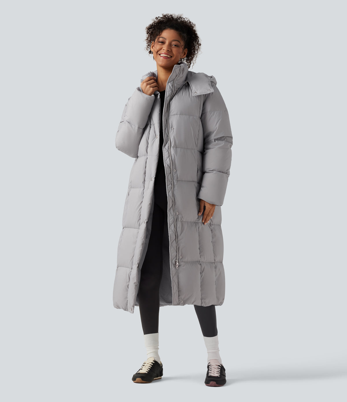 Hooded Long Sleeve Longline Casual Down Jacket with Pockets — Glacier Gray — view 1