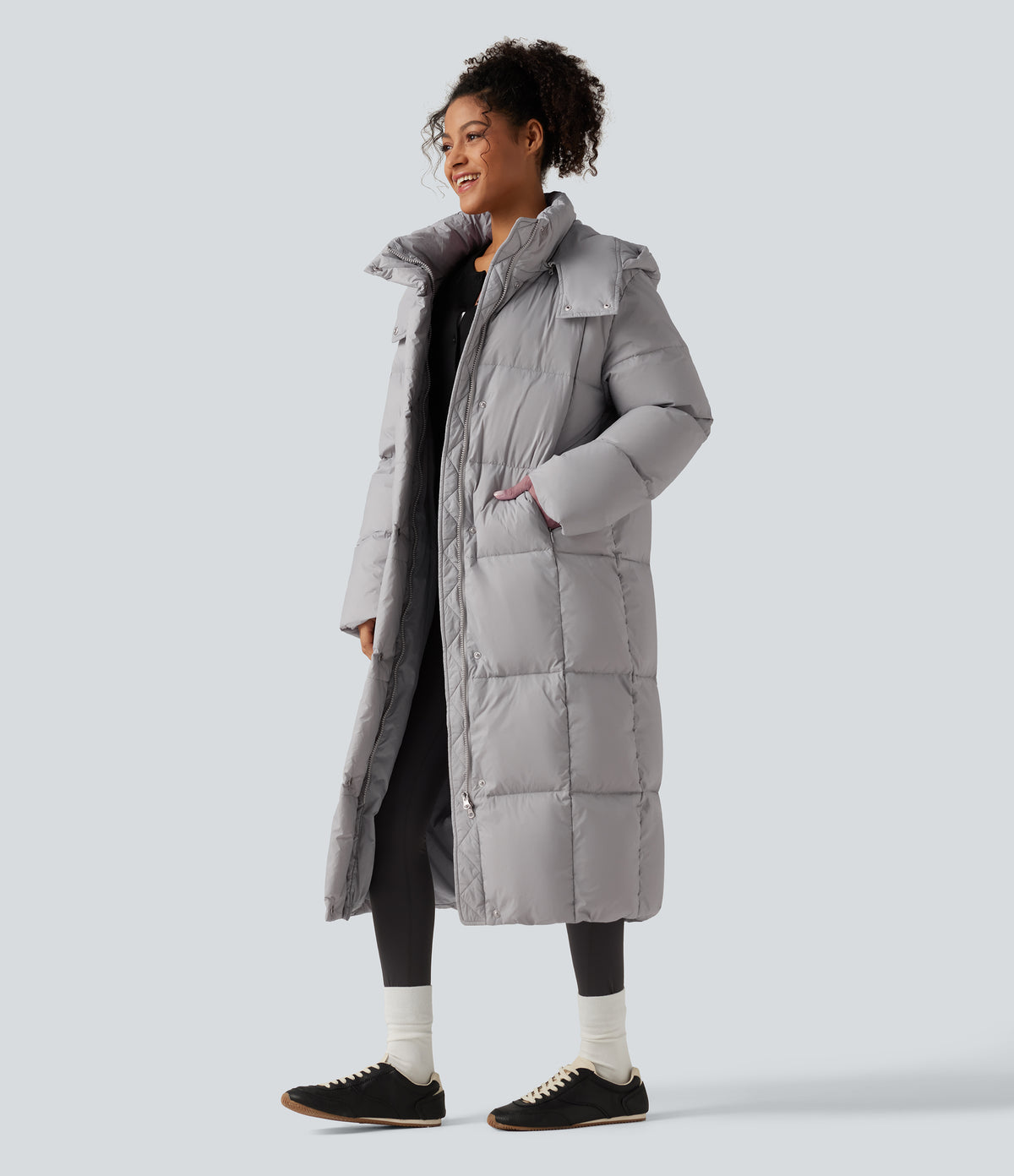Hooded Long Sleeve Longline Casual Down Jacket with Pockets — Glacier Gray — view 3