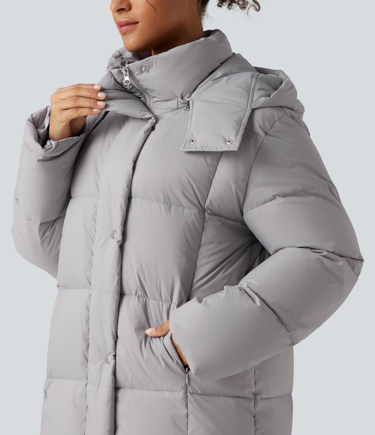 Hooded Long Sleeve Longline Casual Down Jacket with Pockets — Glacier Gray — view 6