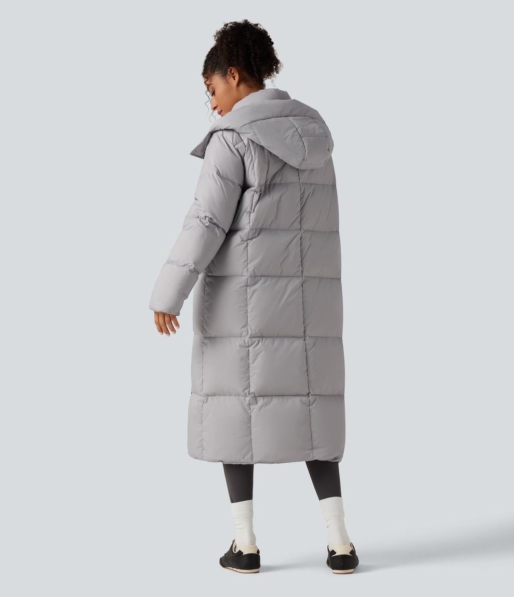 Hooded Long Sleeve Longline Casual Down Jacket with Pockets — Glacier Gray — view 2