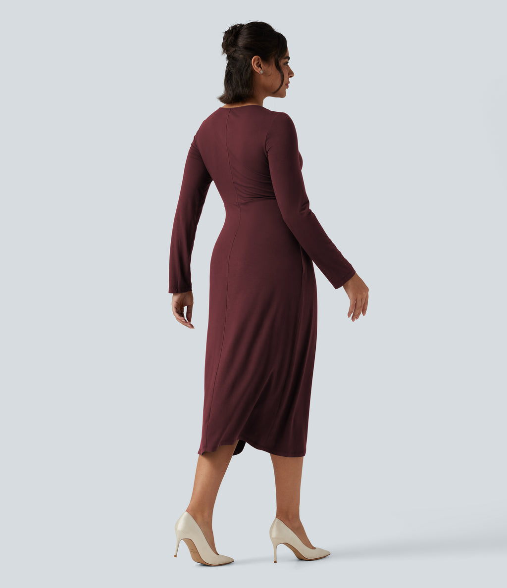 V Neck Long Sleeve Asymmetric Work Midi Dress — Port Royale — view 2