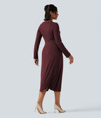 V Neck Long Sleeve Asymmetric Work Midi Dress — Port Royale — view 2