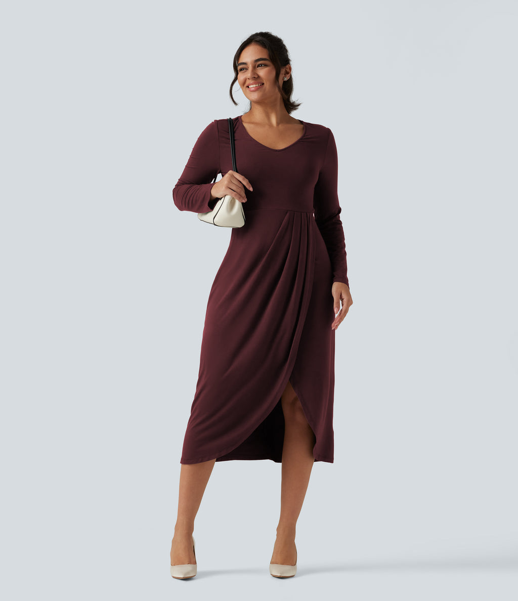 V Neck Long Sleeve Asymmetric Work Midi Dress — Port Royale — view 6