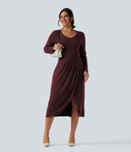 V Neck Long Sleeve Asymmetric Work Midi Dress — Port Royale — view 6