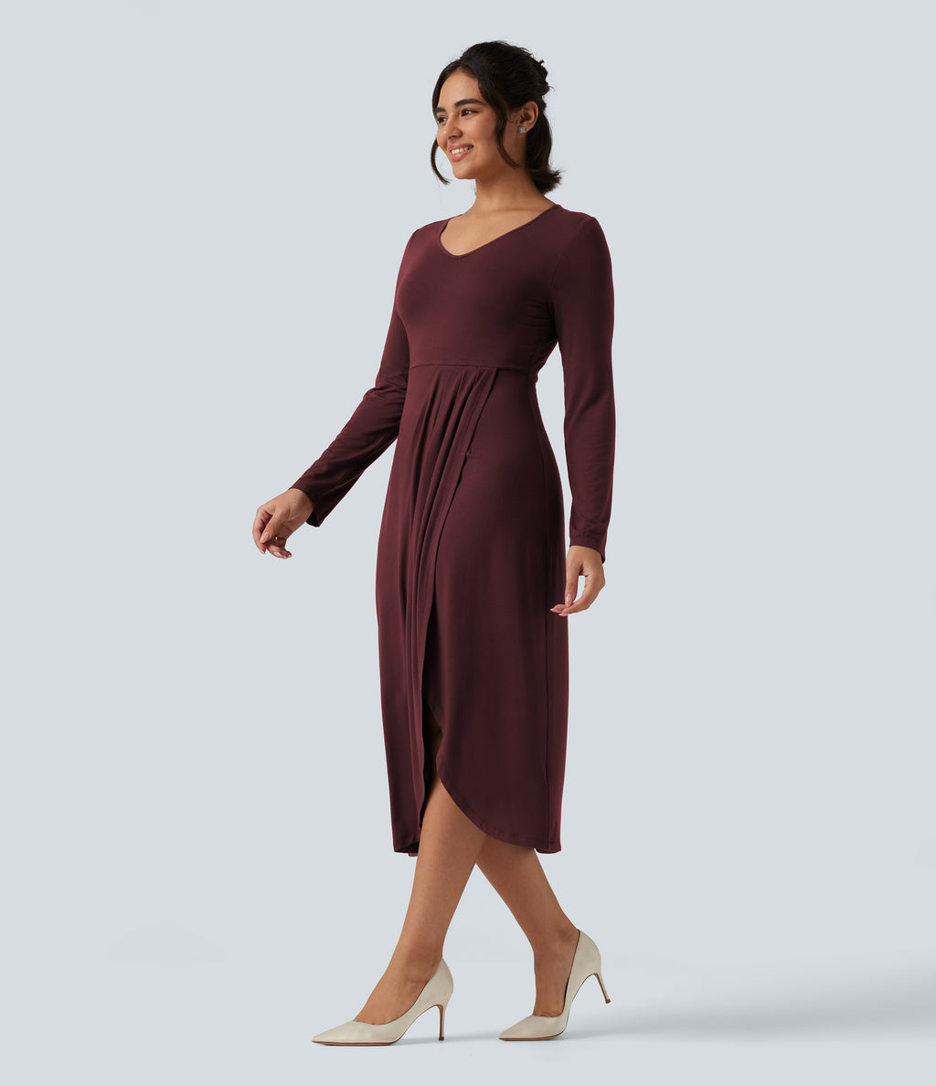 V Neck Long Sleeve Asymmetric Work Midi Dress — Port Royale — view 3