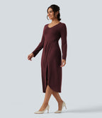 V Neck Long Sleeve Asymmetric Work Midi Dress — Port Royale — view 3