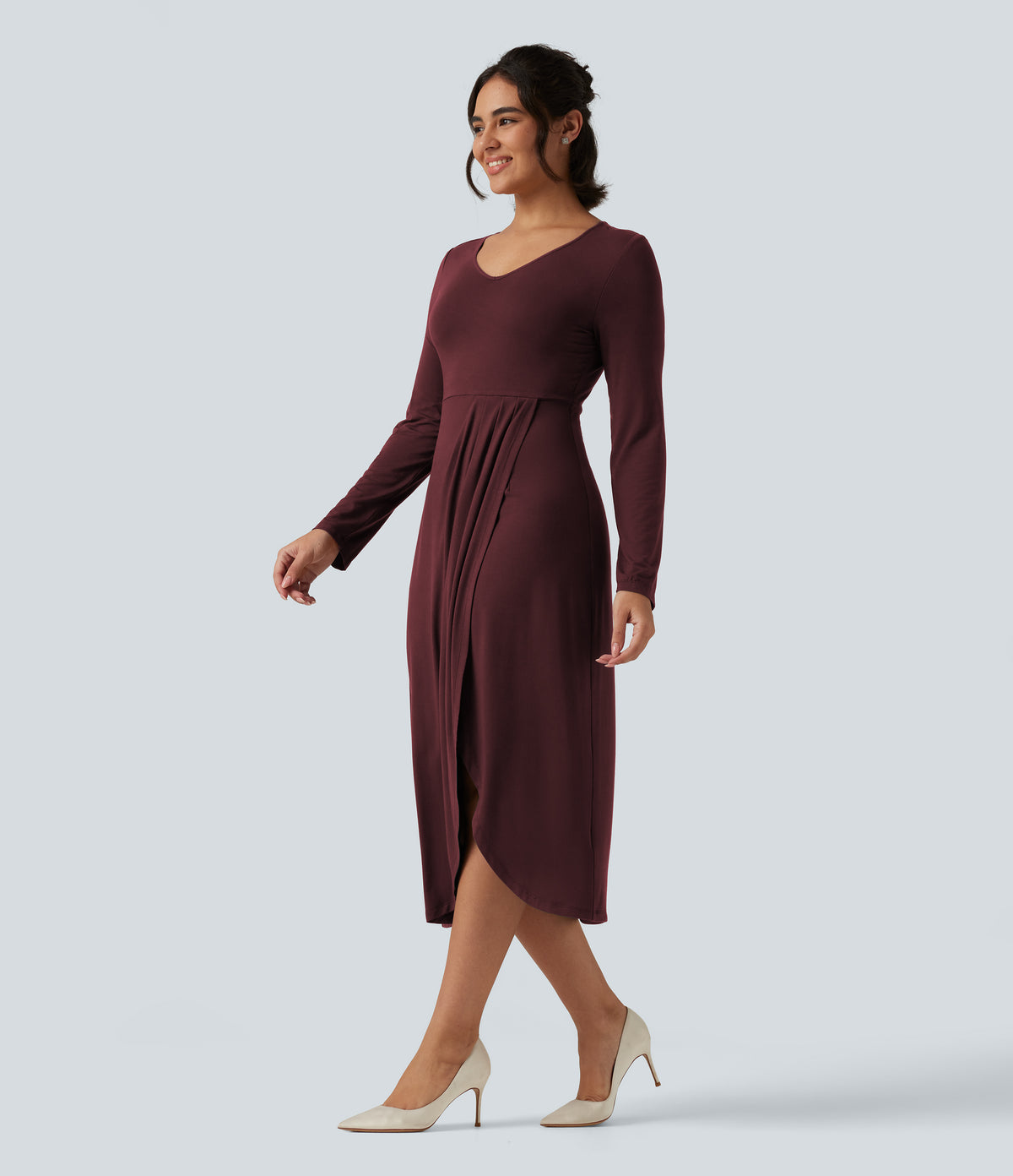 V Neck Long Sleeve Asymmetric Work Midi Dress — Port Royale — view 3