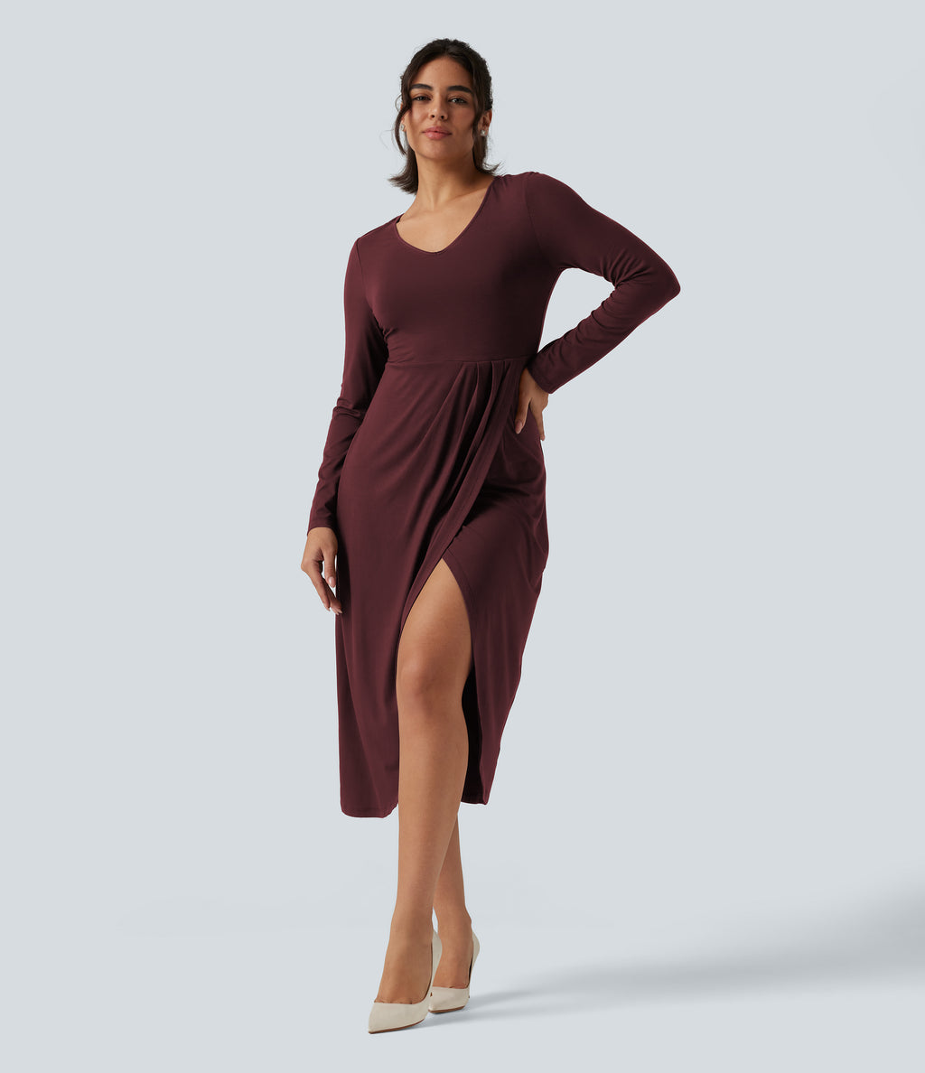 V Neck Long Sleeve Asymmetric Work Midi Dress — Port Royale — view 1