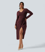 V Neck Long Sleeve Asymmetric Work Midi Dress — Port Royale — view 1
