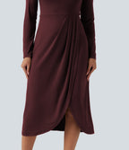 V Neck Long Sleeve Asymmetric Work Midi Dress — Port Royale — view 4