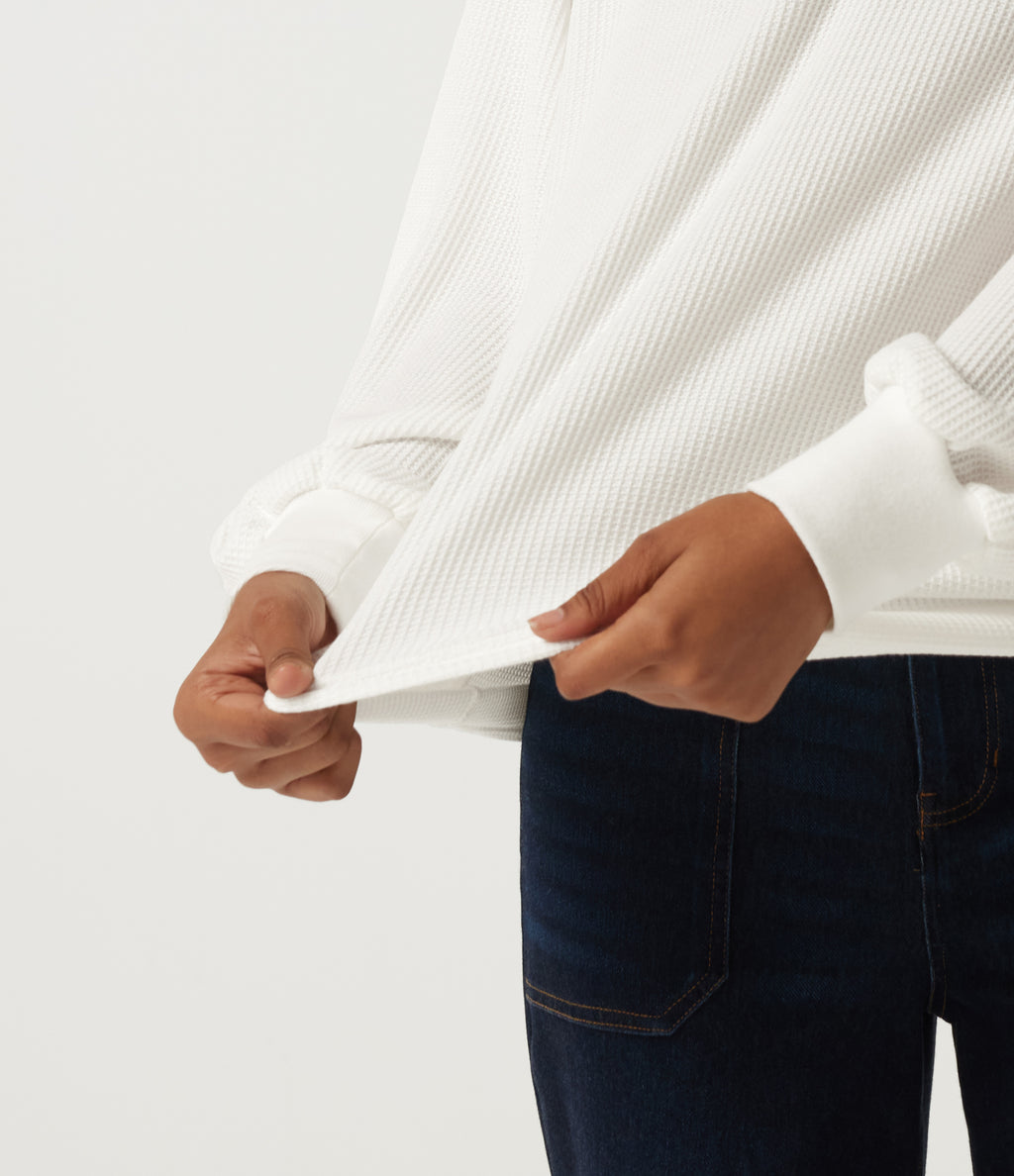 Henley Neck Long Sleeve Waffle Casual Top — White — view 7