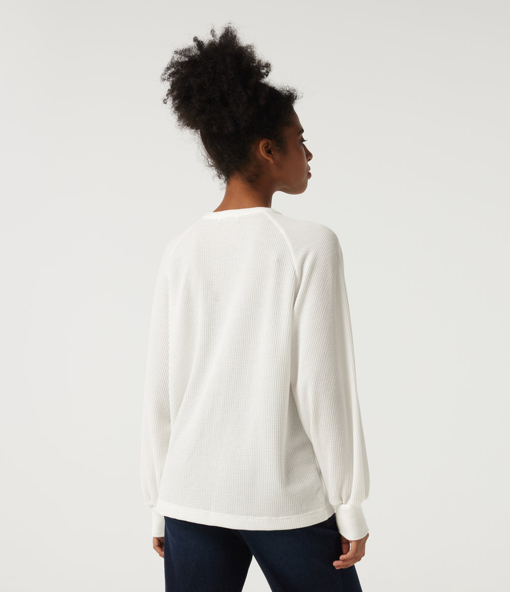 Henley Neck Long Sleeve Waffle Casual Top — White — view 2