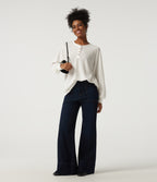 Henley Neck Long Sleeve Waffle Casual Top — White — view 8