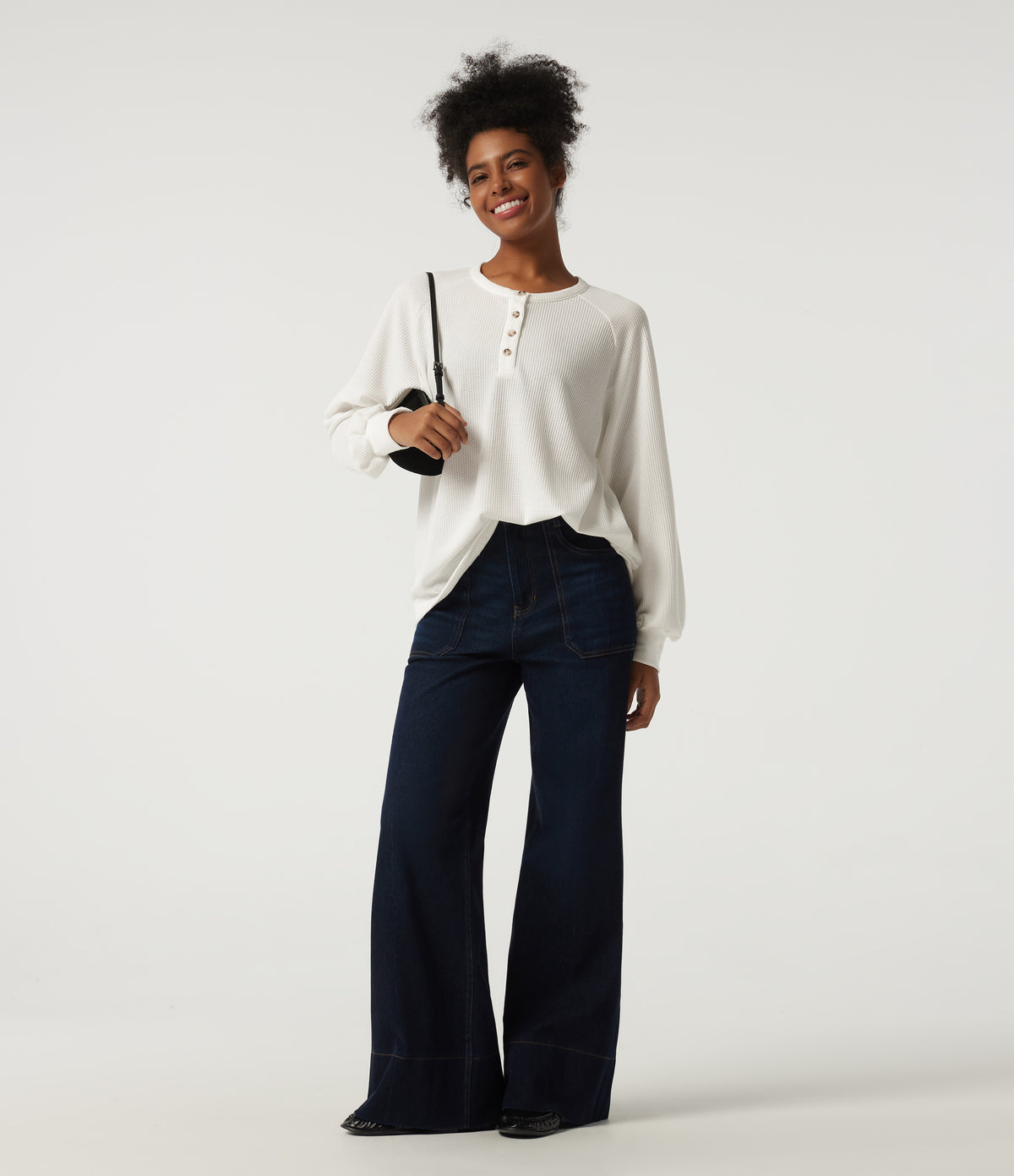 Henley Neck Long Sleeve Waffle Casual Top — White — view 8
