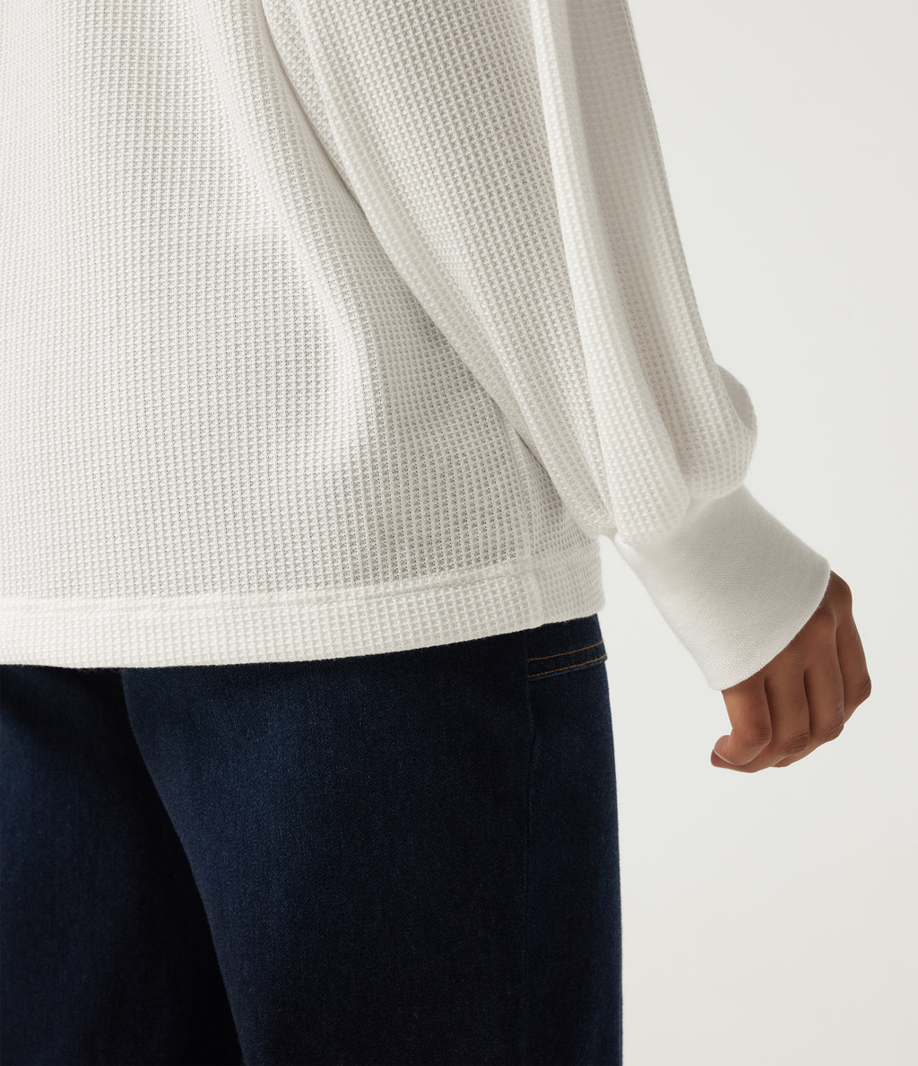 Henley Neck Long Sleeve Waffle Casual Top — White — view 6