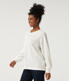 Henley Neck Long Sleeve Waffle Casual Top — White — view 3