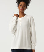 Henley Neck Long Sleeve Waffle Casual Top — White — view 1